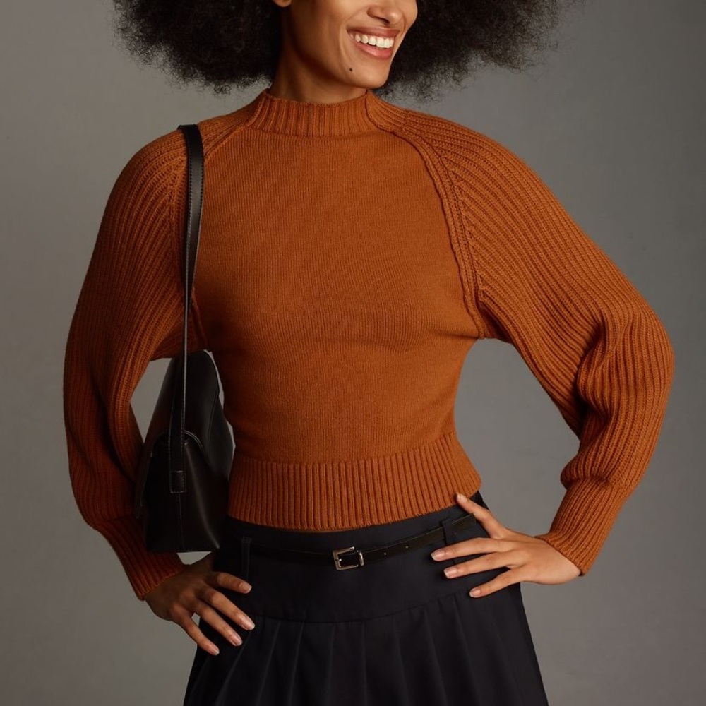 Anthropologie Maeve Mock-Neck Raglan Ribbed Sleeve Pullover Sweater Small S NWT